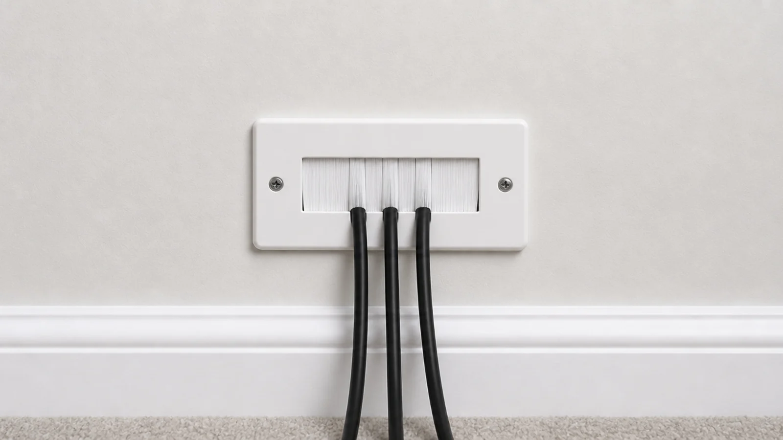 brushed cable plate set into a wall with leads passing through it