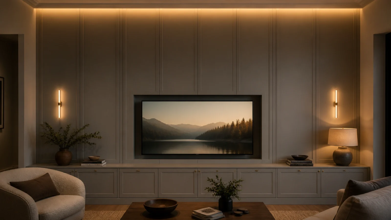 tall custom built TV wall with recessed screen panelling and low joinery