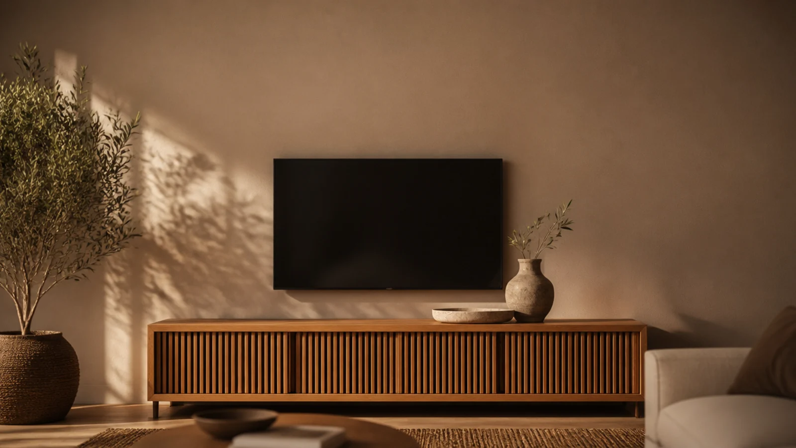 tall wooden TV unit view showing oak grain slatted doors and a stone tray