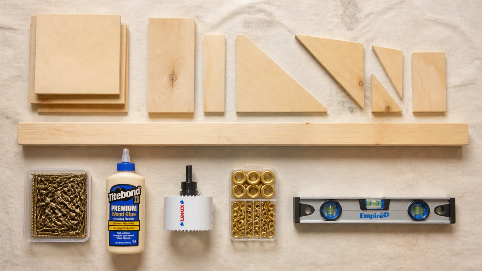 plywood sheets cleat timber and fixings laid out ready for a build