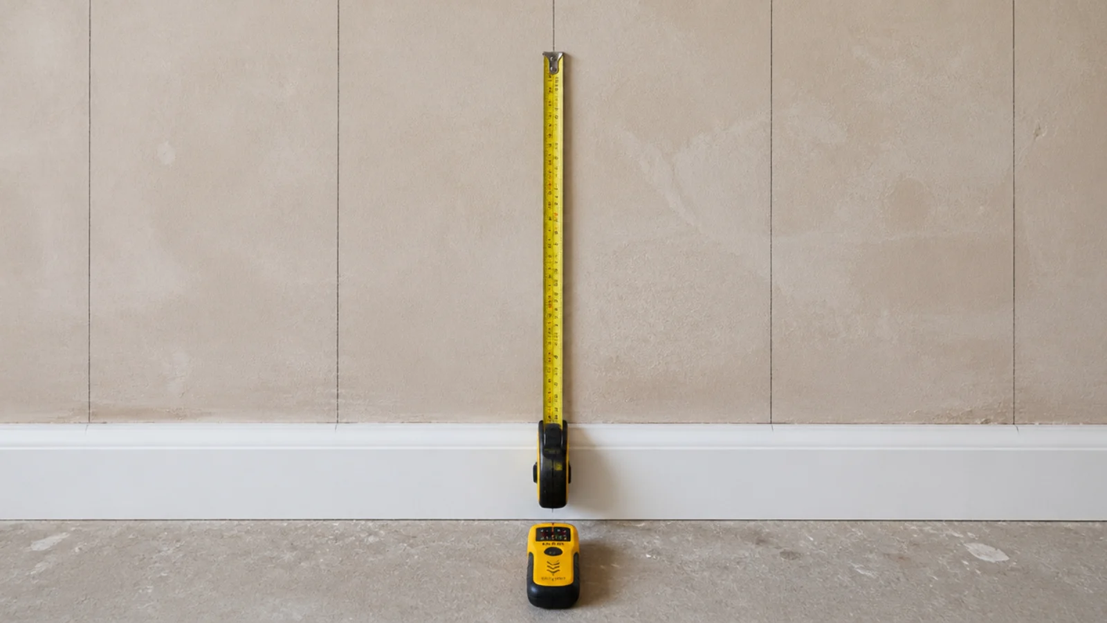 stud positions marked in pencil across a bare living room wall