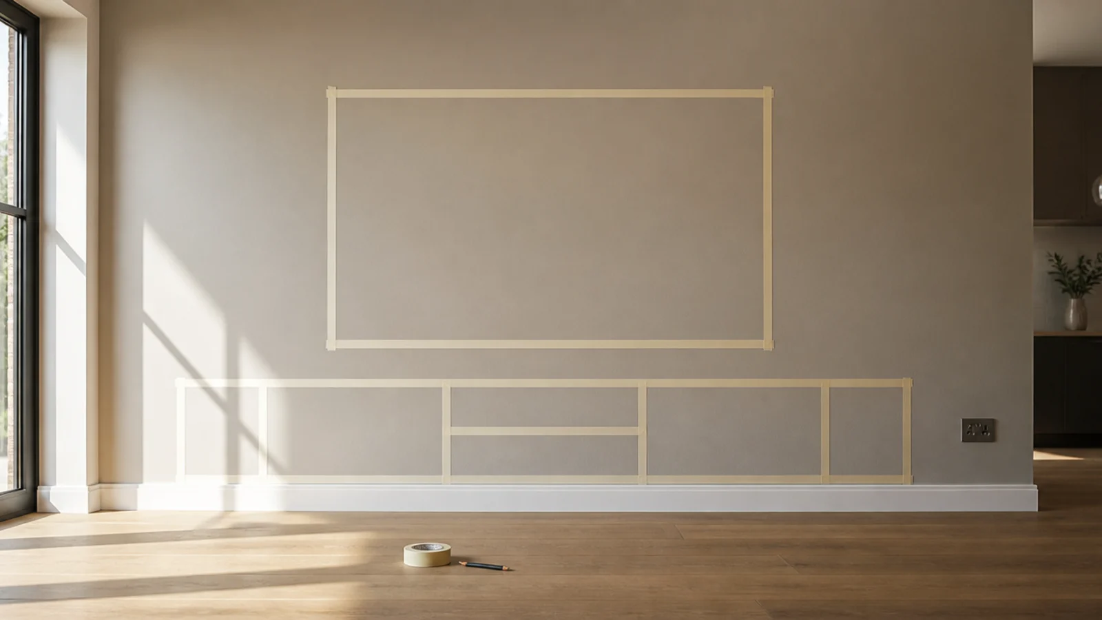 masking tape outline of a media unit stuck onto a bare wall