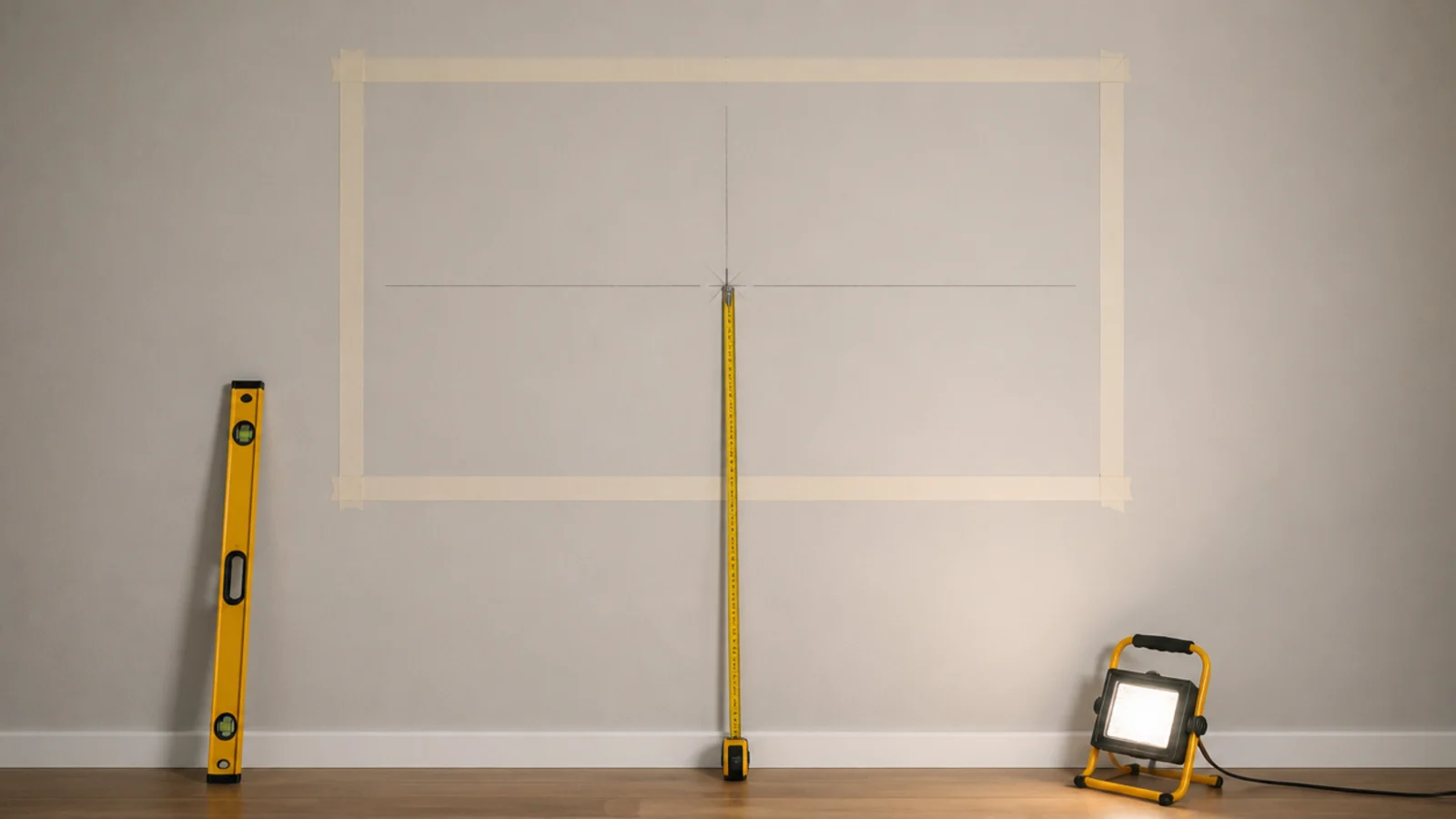 pencil mark on a wall showing the intended centre height of a screen