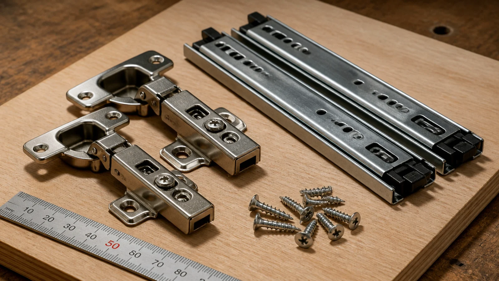 hinges runners and screws laid out beside a plywood offcut