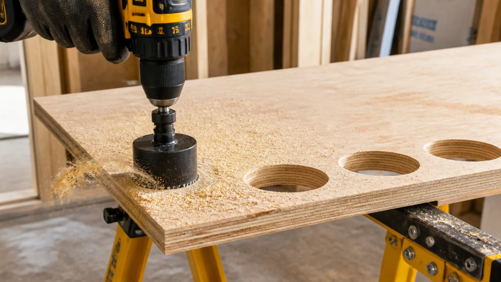 hole saw cutting a vent opening in a flat plywood panel