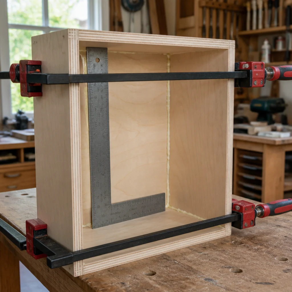 plywood carcass being clamped square with a framing square in place