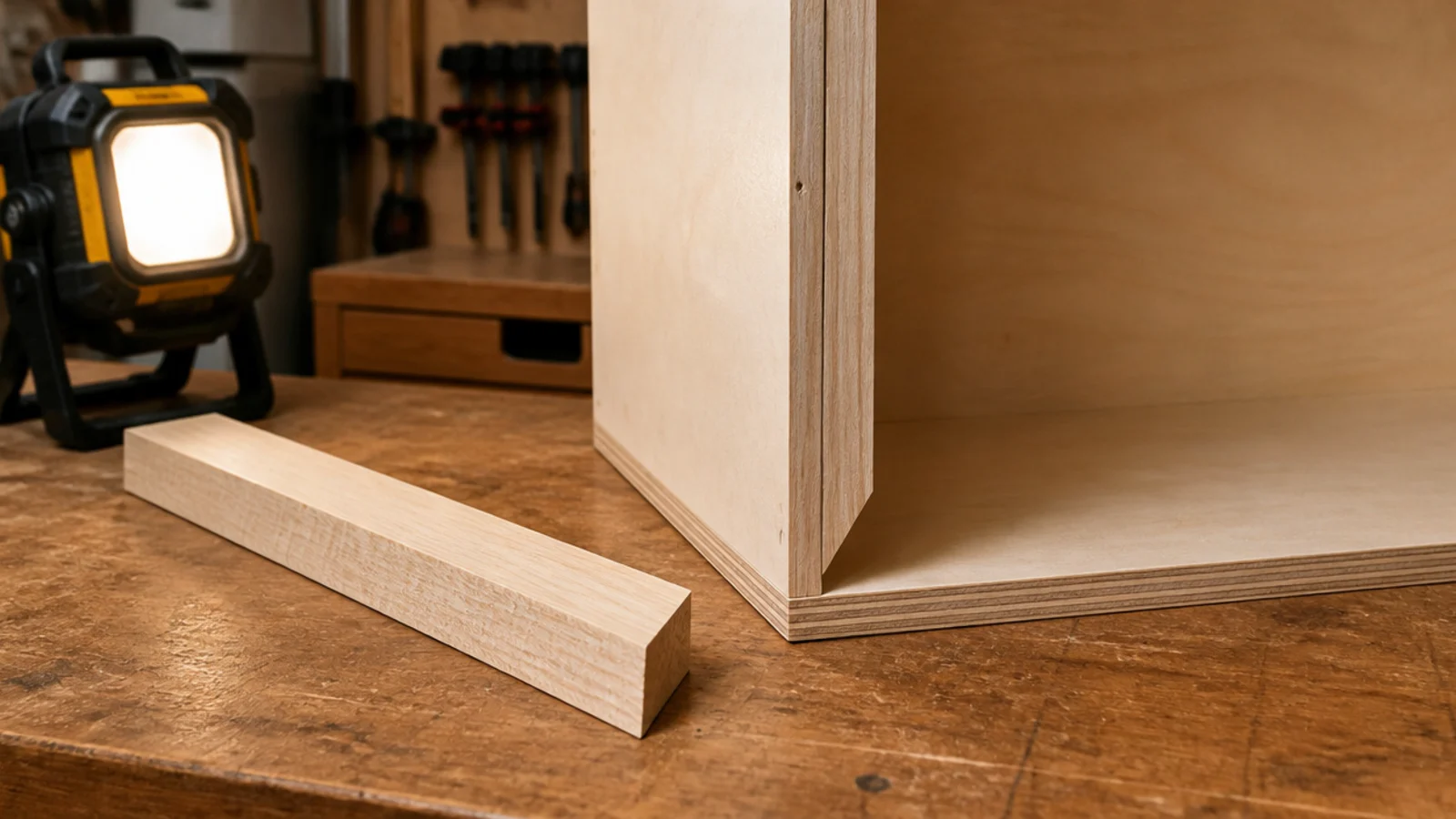 timber cleat cut at forty five degrees resting against a plywood box