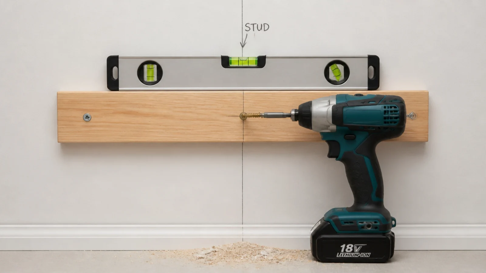 wall cleat being screwed into marked studs with a level on top