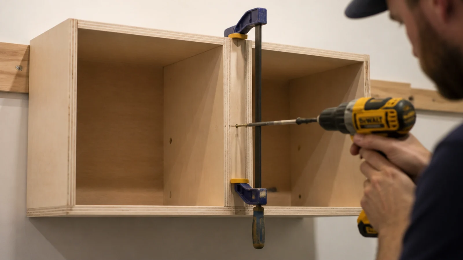 two plywood boxes hung on a cleat and screwed to each other