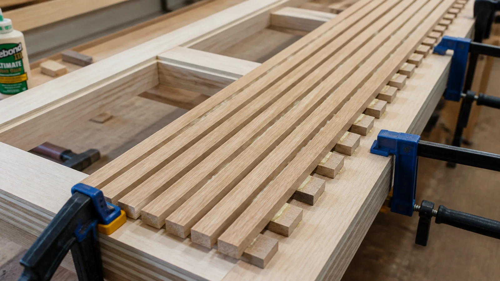 timber slats being spaced evenly across a plywood door frame