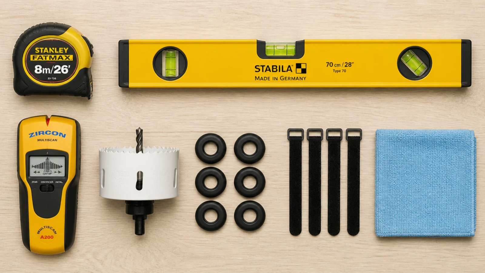 tools laid out for styling a wall unit including tape measure and level