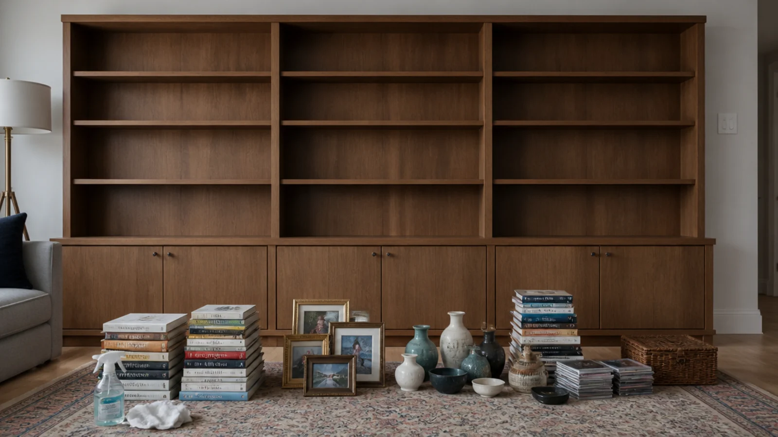 entirely empty wall unit with its contents stacked on the floor nearby