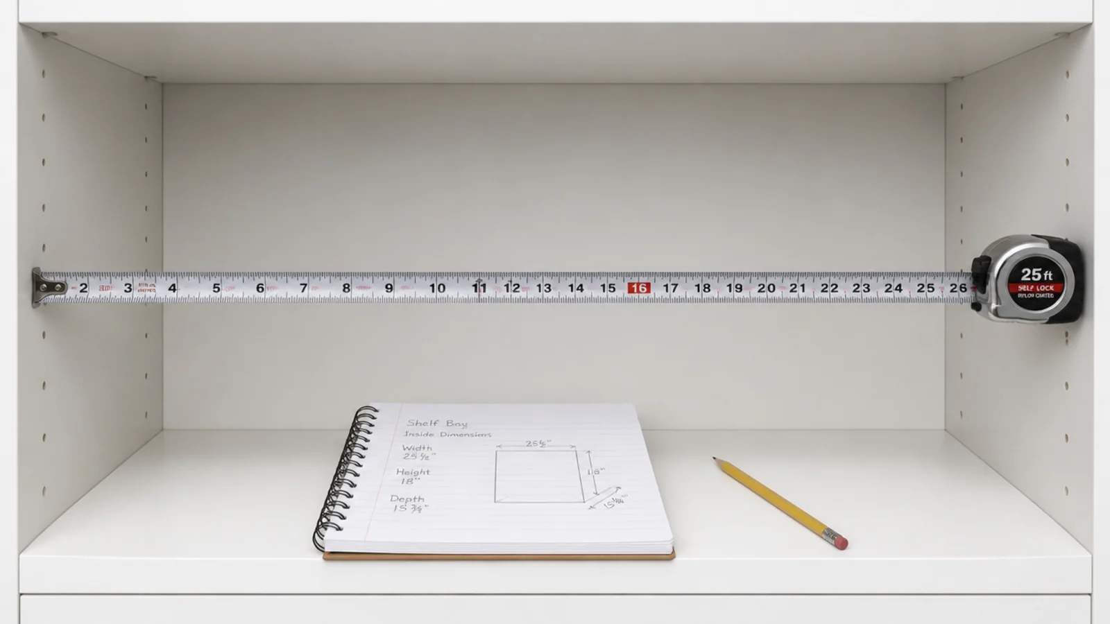 tape measure held across the internal width of an open shelf bay