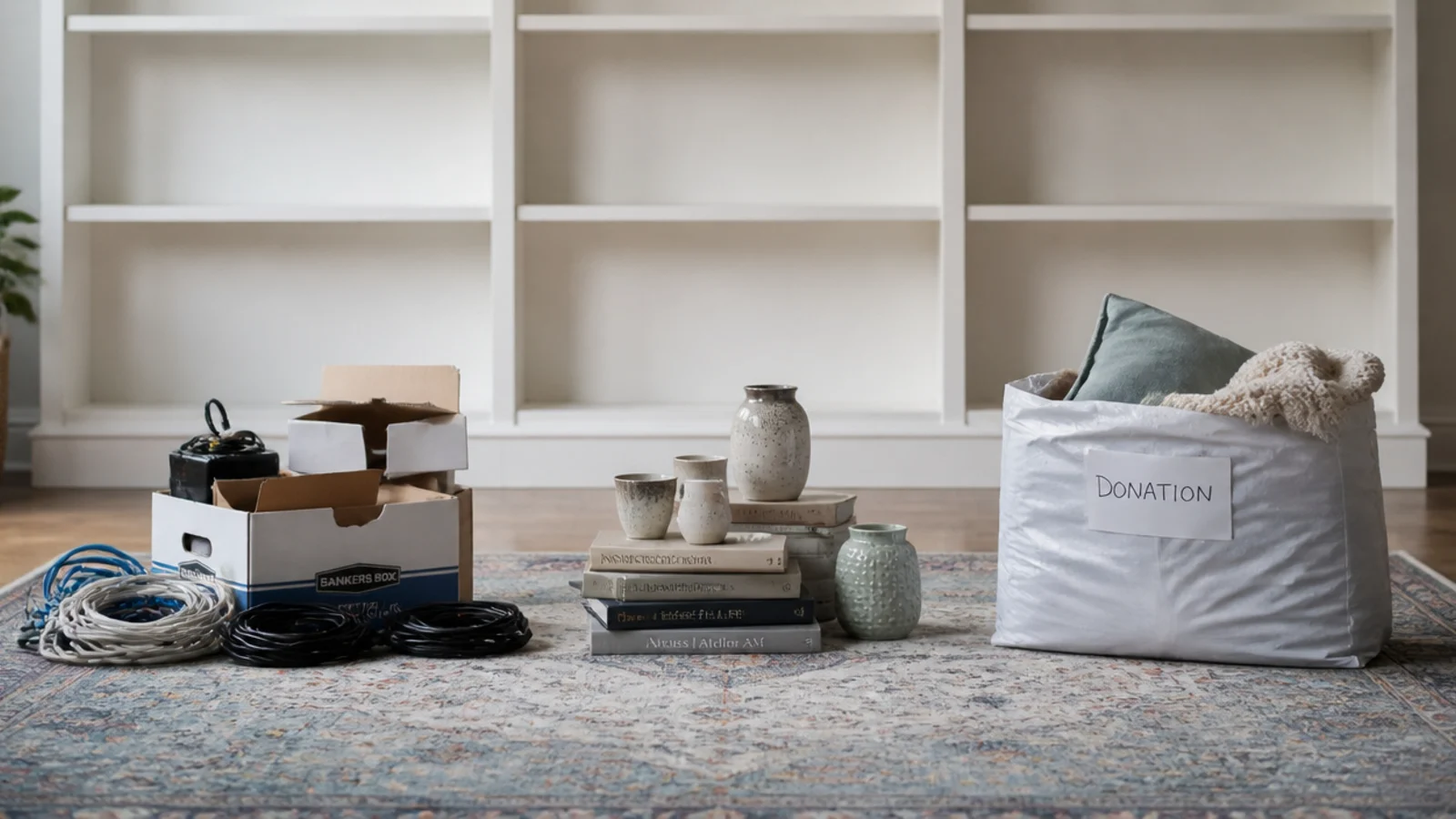 three sorted piles of media items on a rug beside an empty unit