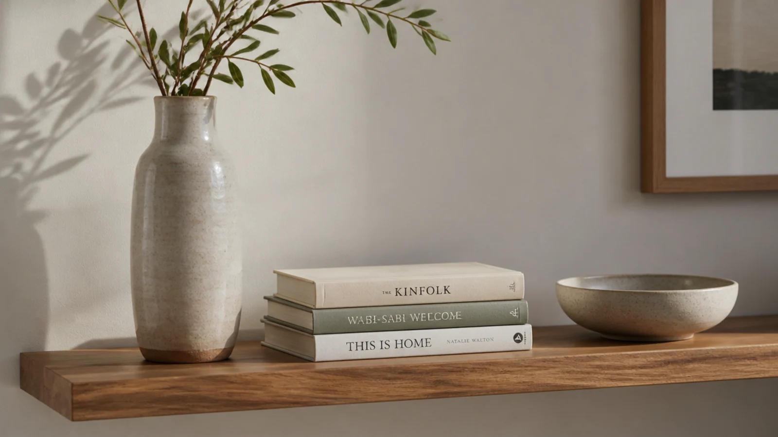 three objects of different heights arranged as a triangle on a shelf