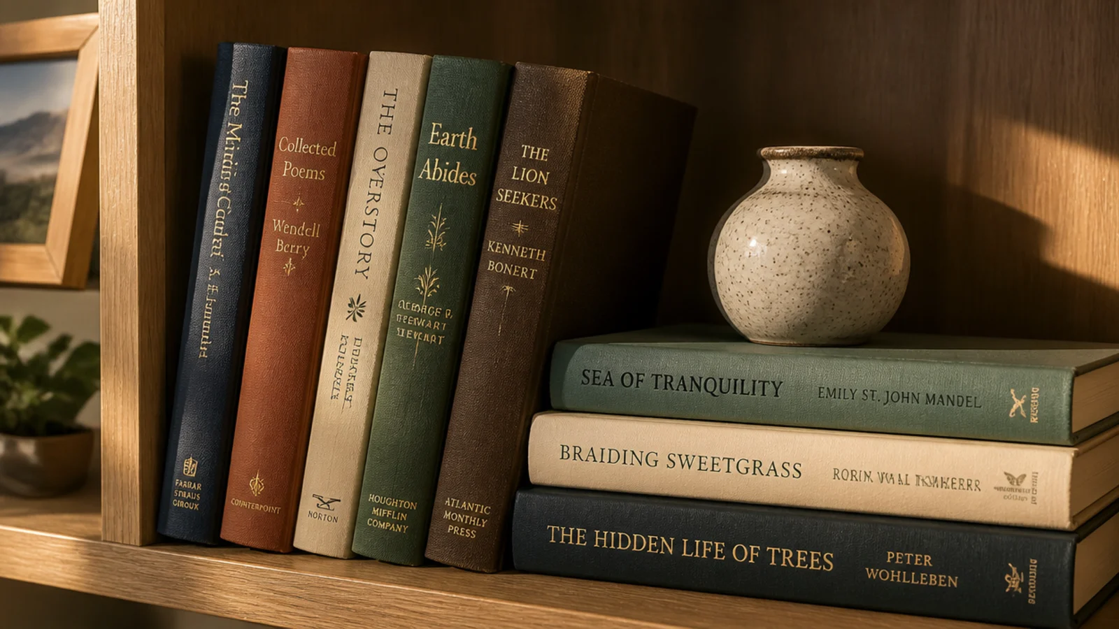 books standing upright beside a horizontal stack on the same shelf