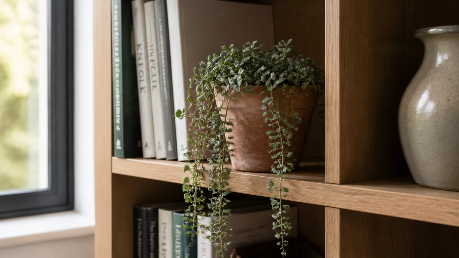 trailing plant spilling over the edge of one shelf in a wall unit