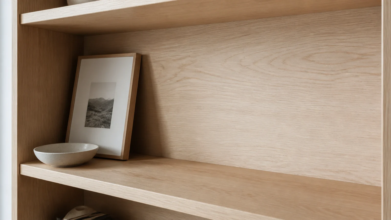shelf bay styled with generous empty space beside two objects
