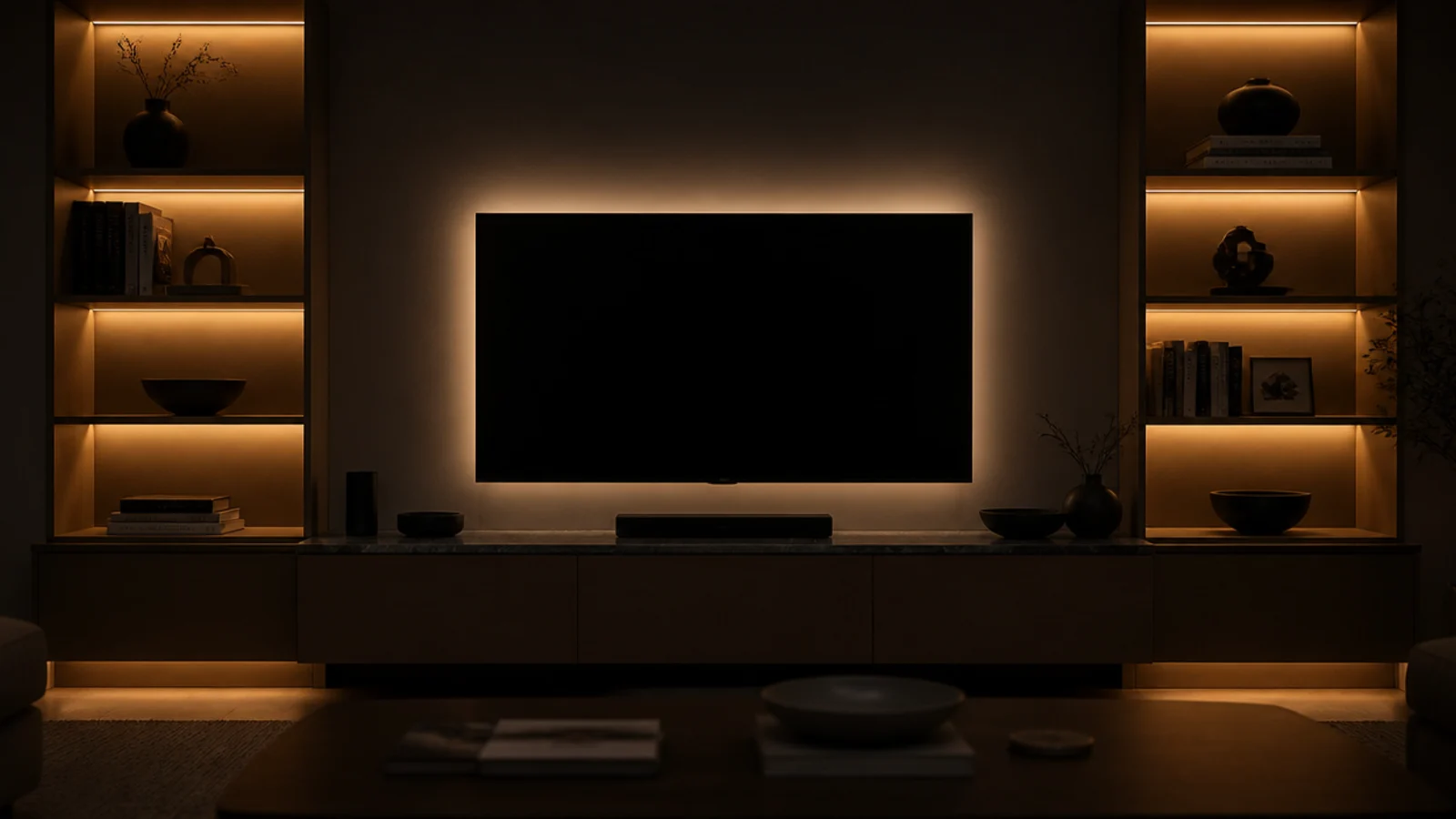 wall unit bays lit from within by concealed warm light strips