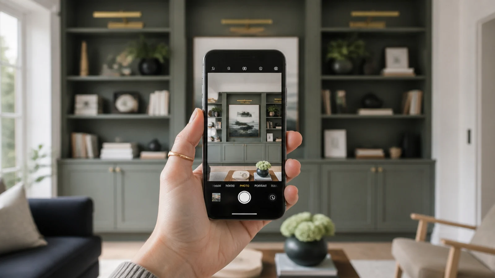 phone held up photographing a freshly styled wall unit for review