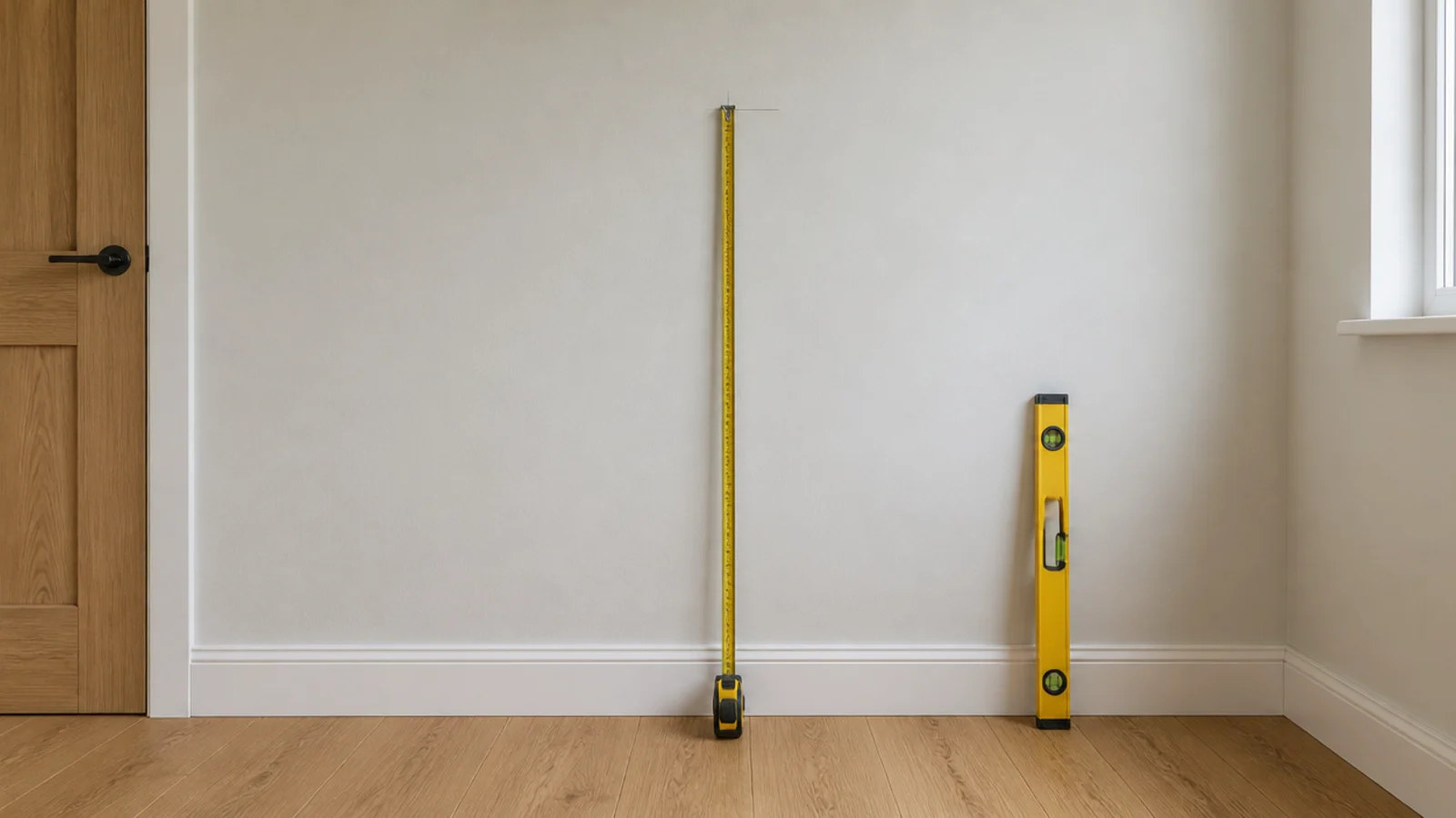 tape measure held from a bedroom floor to a marked headboard height