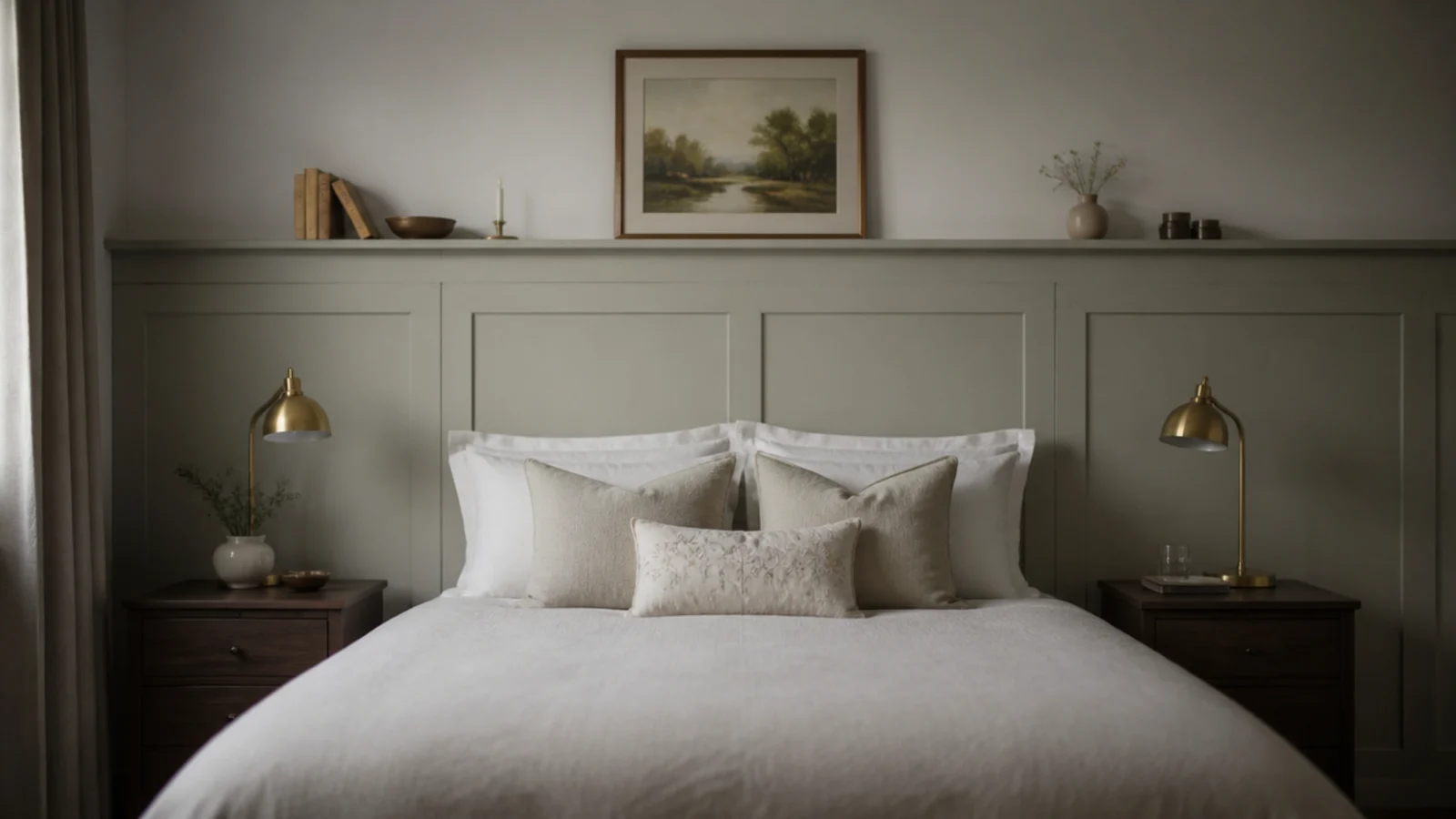 panelled section sized wider than a bed with bedside tables inside it
