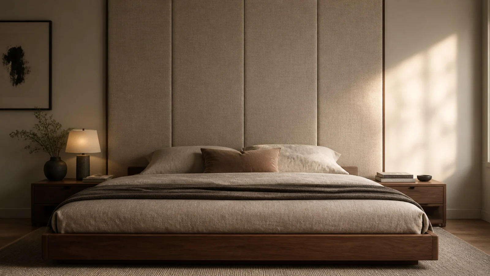 upholstered wall panel in oatmeal linen rising behind a low bed