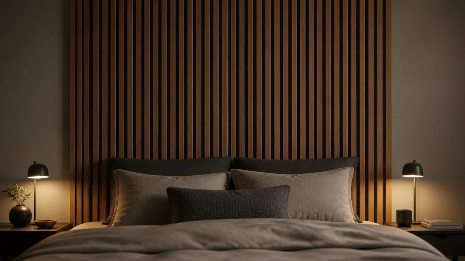 vertical oak slat panel filling the wall directly behind a bed