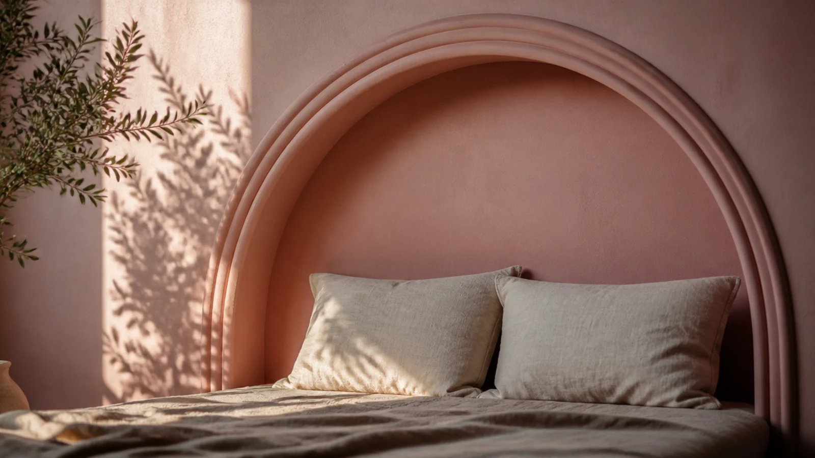 arched moulding shape curving above a bed on a soft pink wall