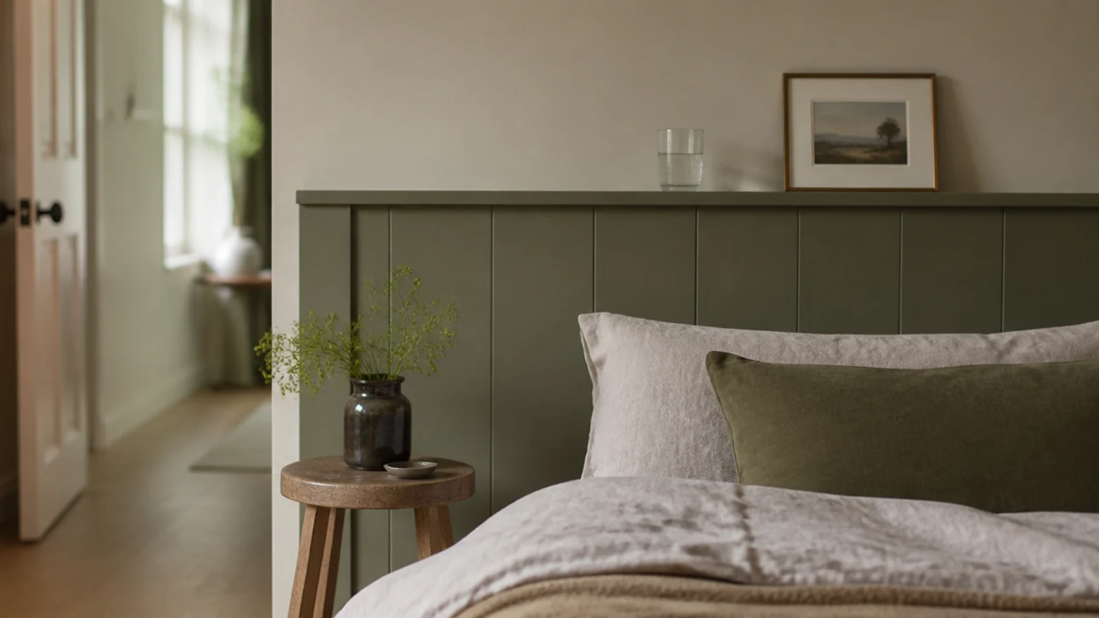 half height panelling behind a bed capped with a narrow display ledge