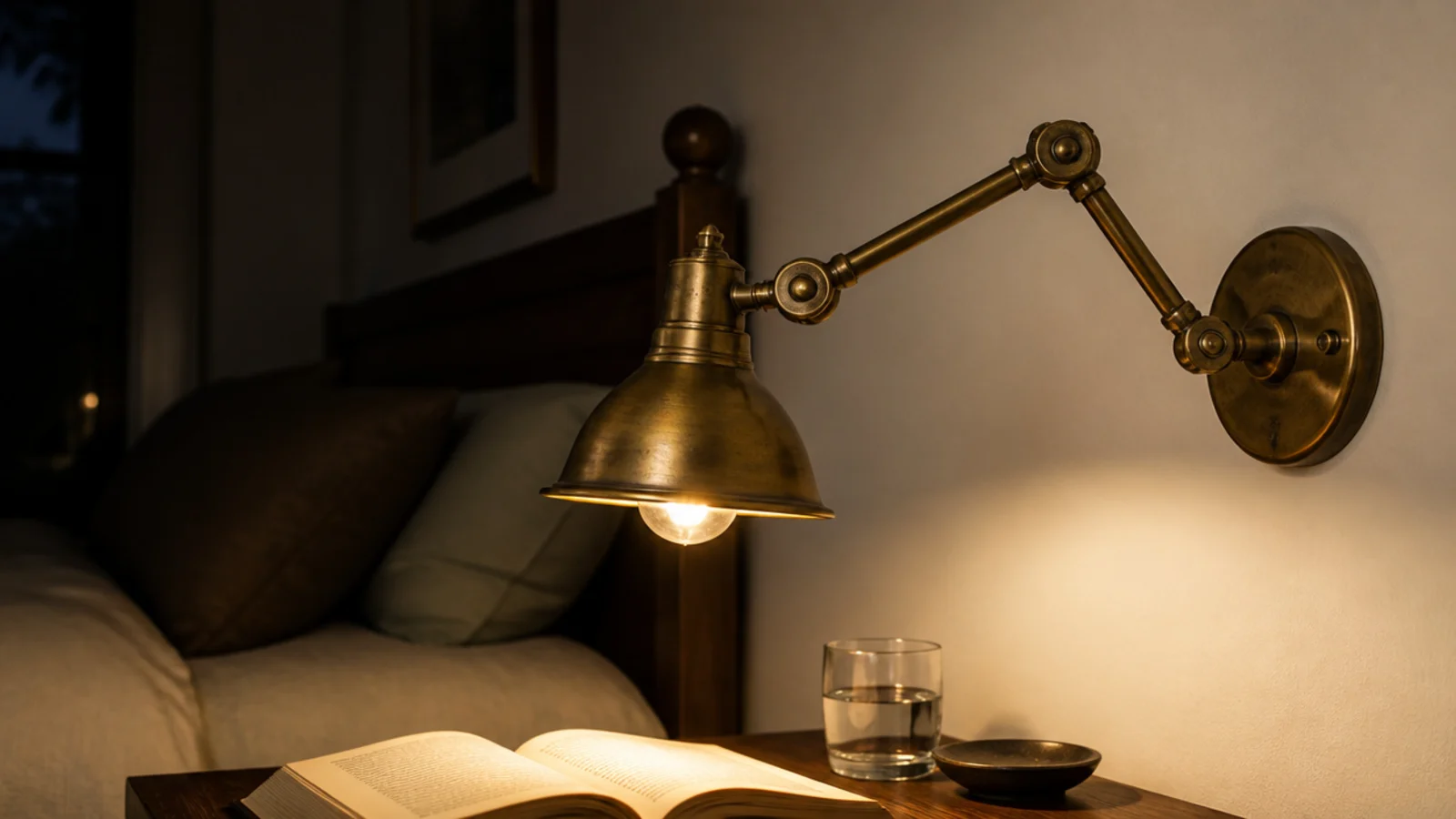 brass wall light mounted beside a bed at reading height