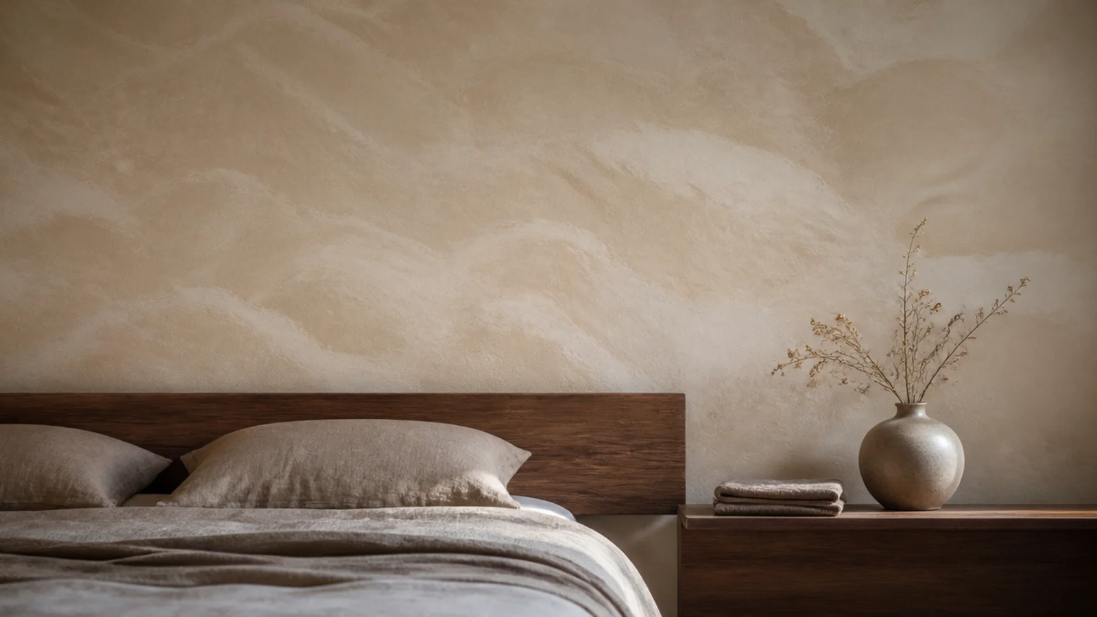 limewashed bedroom wall with cloudy movement above a low bed