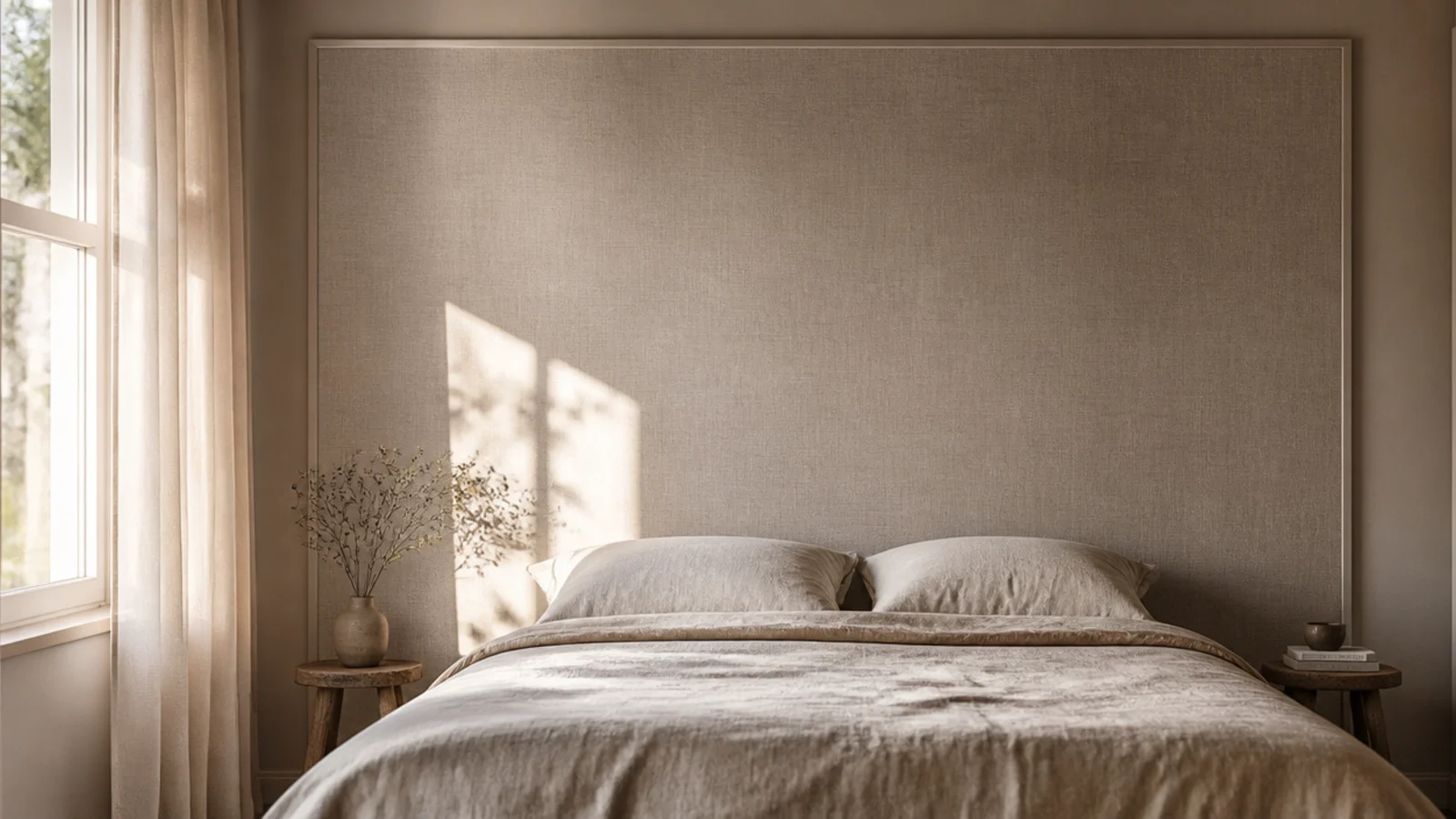 linen stretched flat across a bedroom wall on a slim batten frame