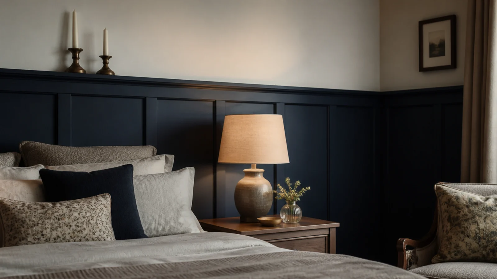 painted board and batten panelling running behind a bed to chair height