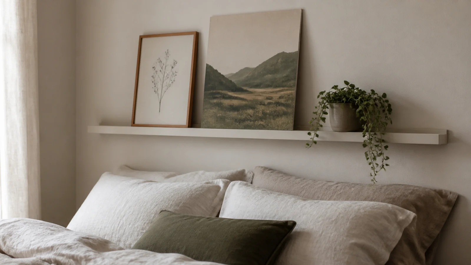 shallow picture ledge above a bed holding leaning prints and a plant