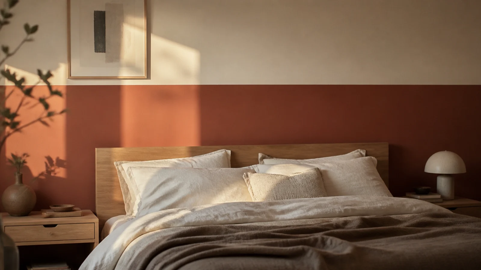 bedroom wall split into two paint tones at the top of the headboard