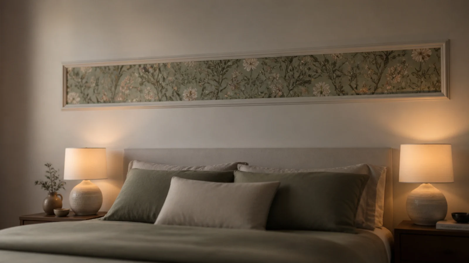 patterned wallpaper panel framed by slim moulding above a bed