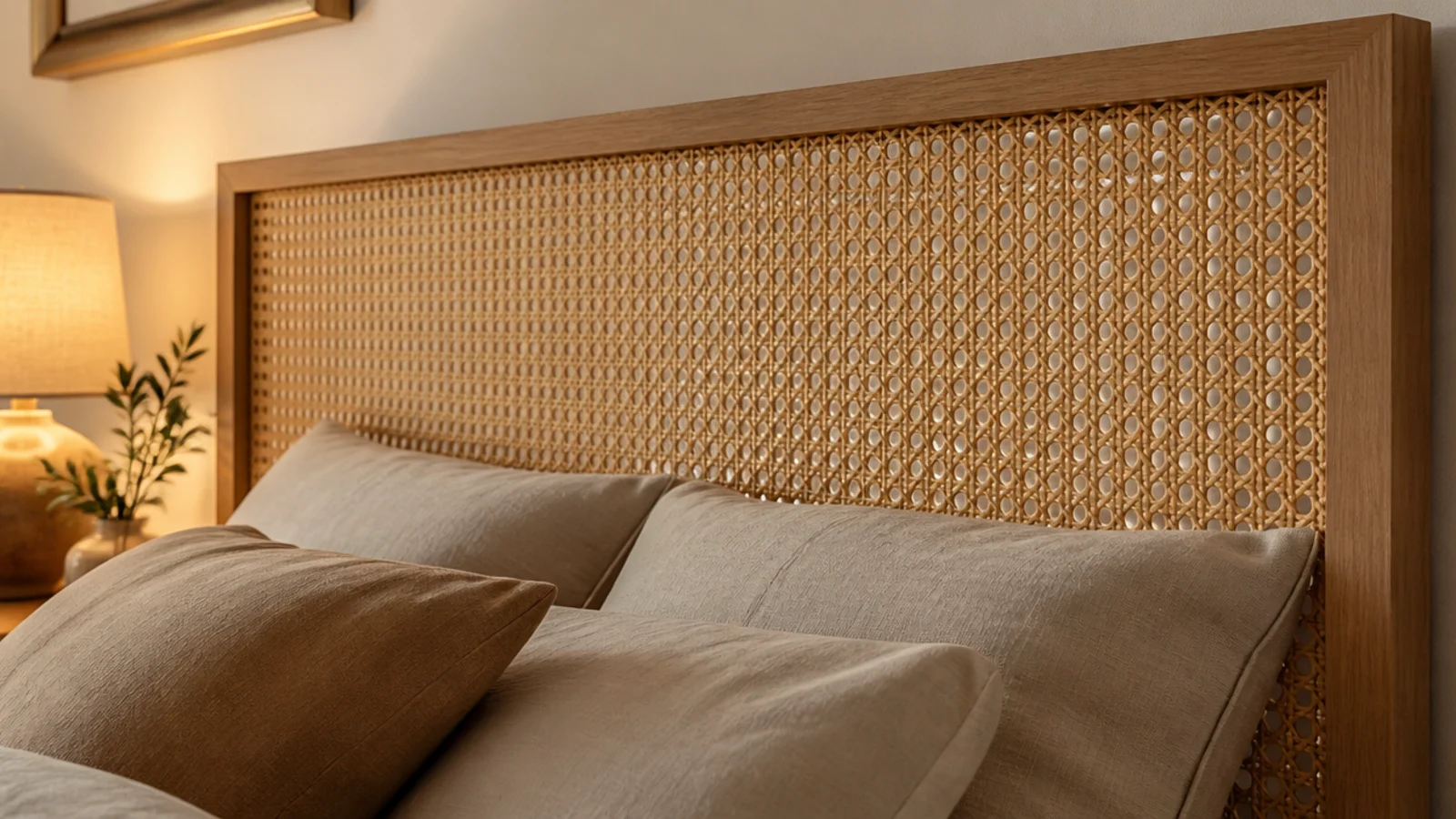 cane webbing panel forming a headboard behind stacked linen pillows