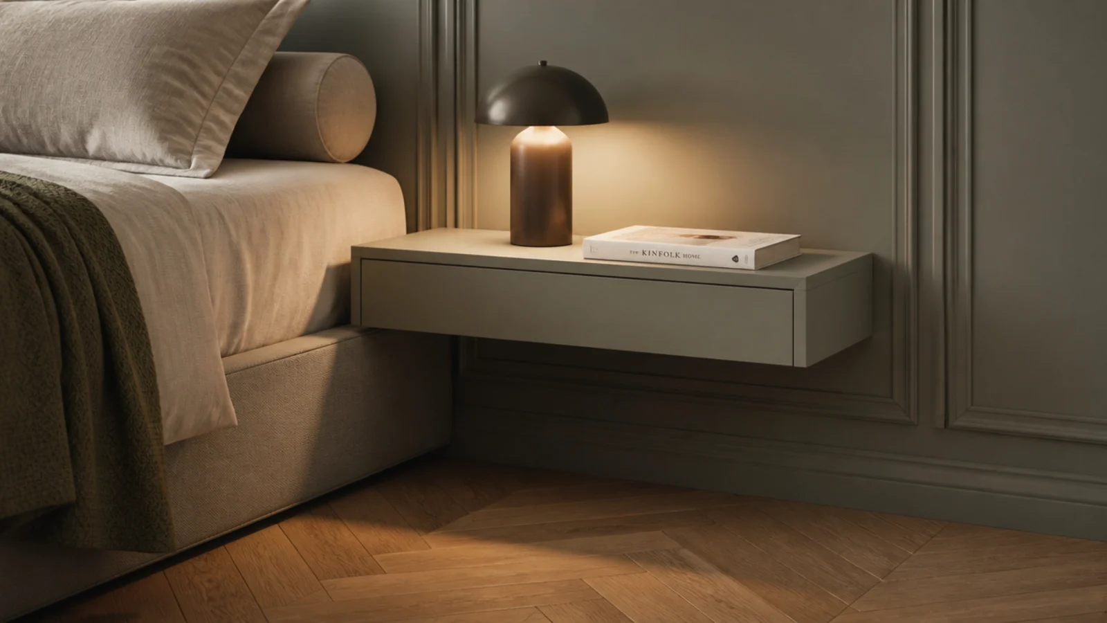 floating bedside shelf integrated into a panelled bedroom wall