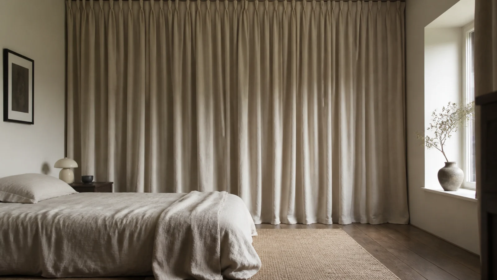 full height linen curtain hung on a ceiling track behind a bed