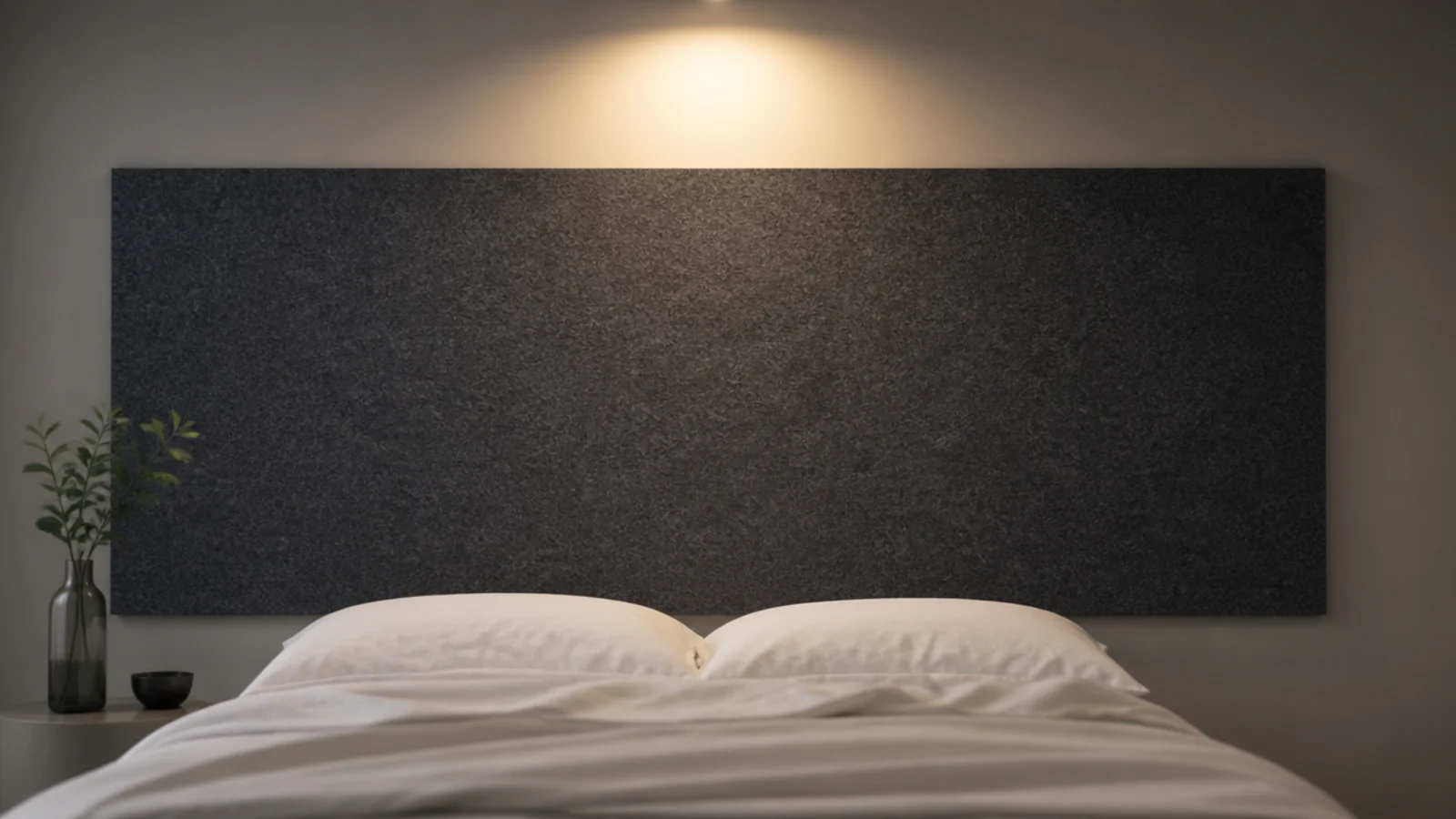 charcoal acoustic felt panel mounted behind a bed on a plain wall