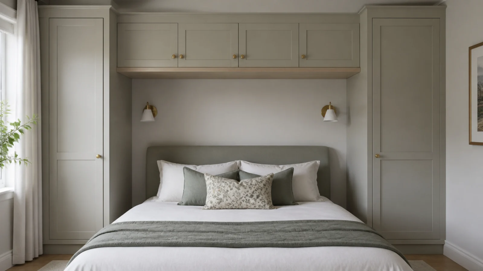 storage bridge spanning above a bed between two tall wardrobes