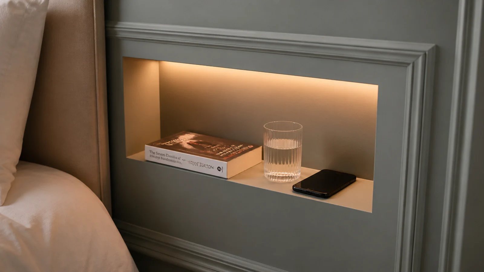 shallow niche set into a panelled wall beside a bed head
