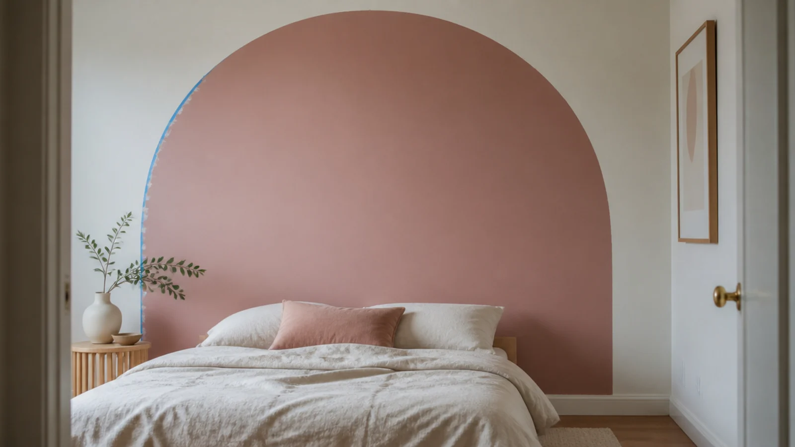 arch shape painted directly onto a bedroom wall behind a bed
