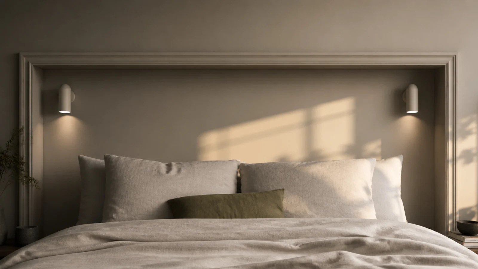 single wide moulding box framing a bed on a painted bedroom wall