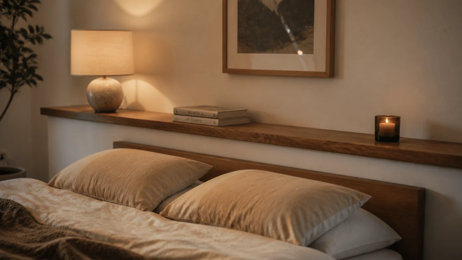 solid timber ledge fixed across a wall serving as a low headboard
