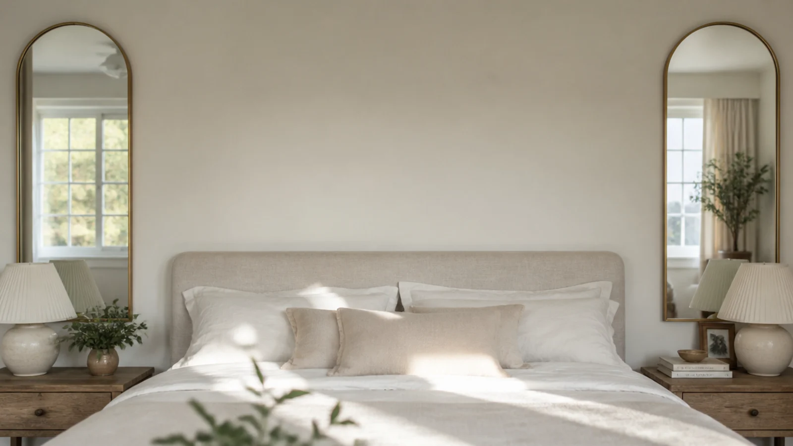 pair of tall narrow mirrors either side of a bed reflecting daylight