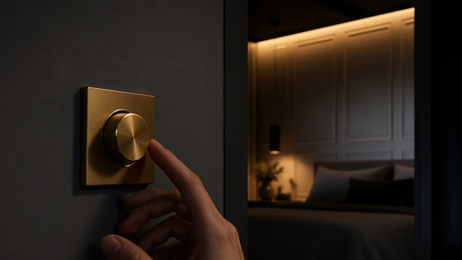 rotary dimmer turned low beside a softly lit bedroom feature wall