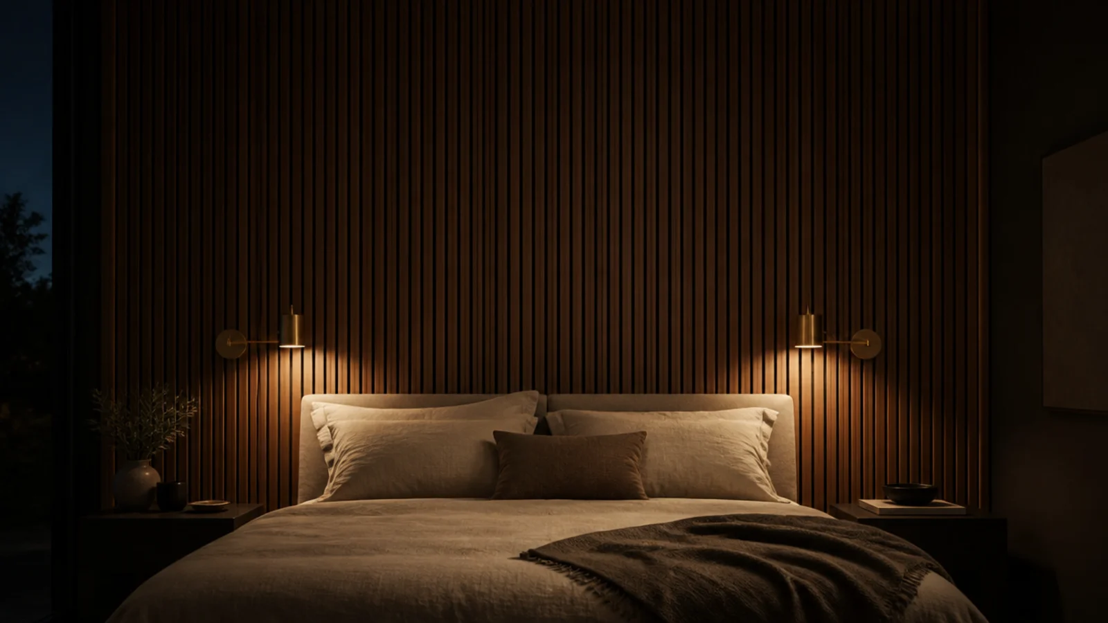 tall photo of a bed back wall design with slats and warm wall lights