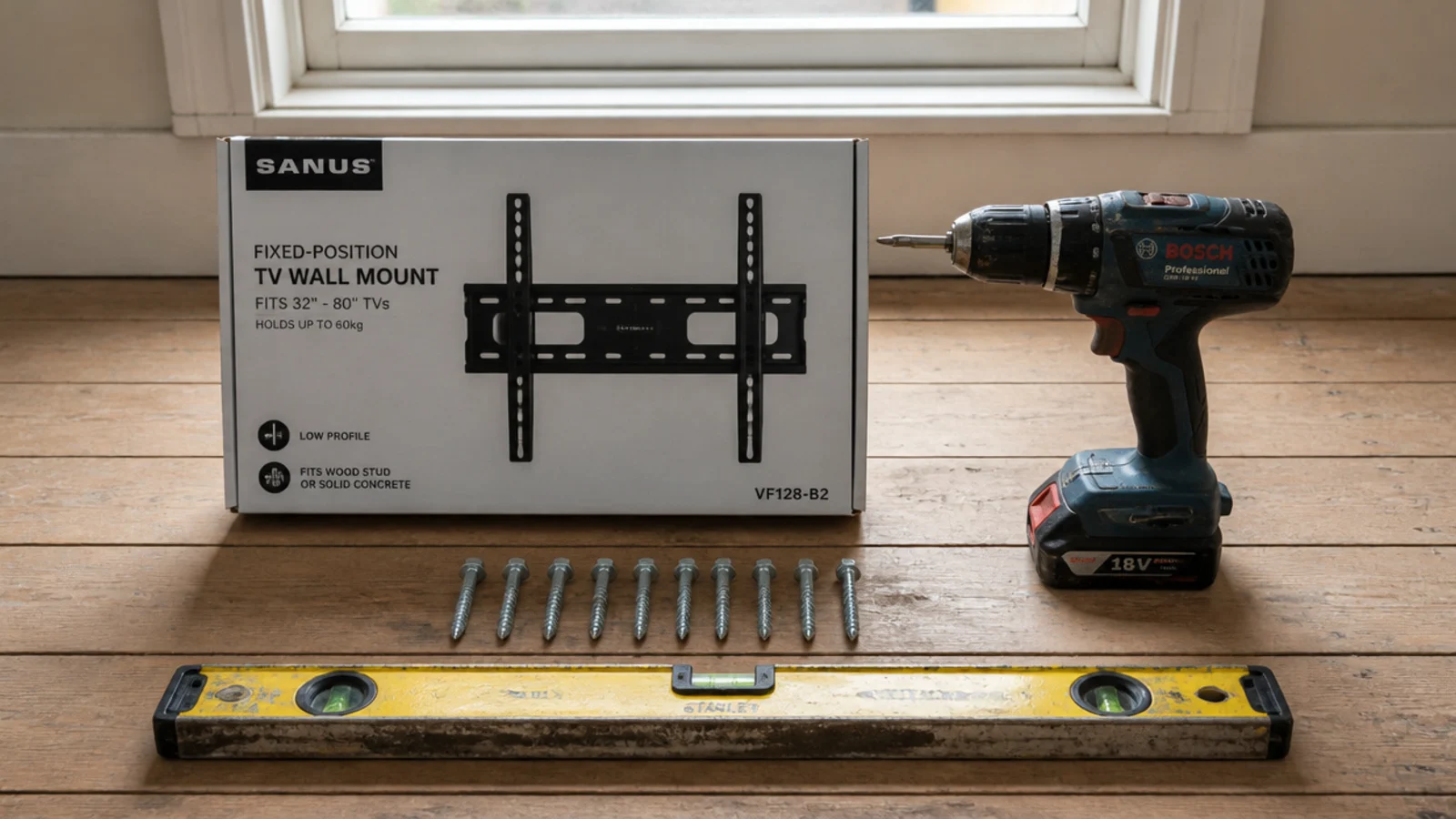 boxed fixed television bracket beside secondhand tools on a floor